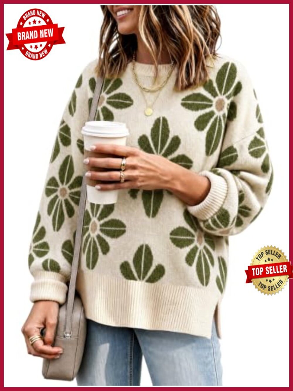 Oversized Floral Knit Pullover Sweater Crew Neck Long Sleeve Fall